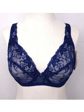 FELINA Vintage Floral Embroidered Sheer Lace Bra 34D Blue